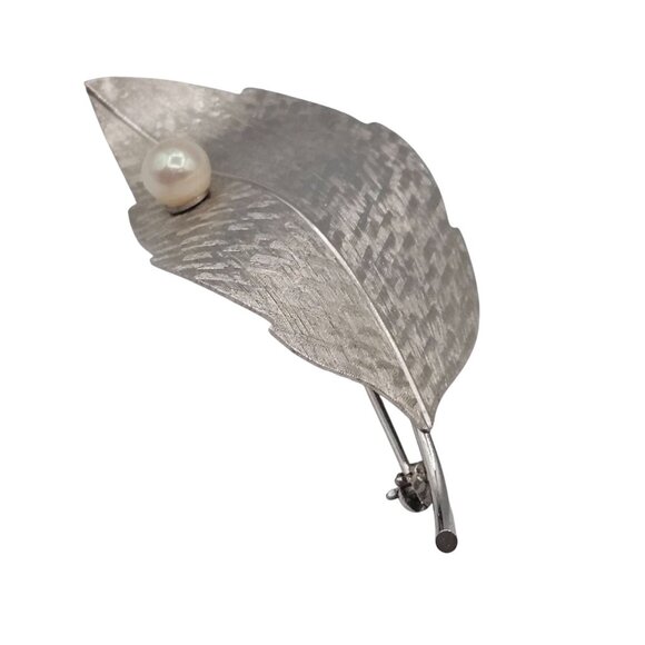 Krementz VTG Brooch Brushed SilverTone Leaf Boho Cottagecore FauxPearl Fairycore - Picture 12 of 15